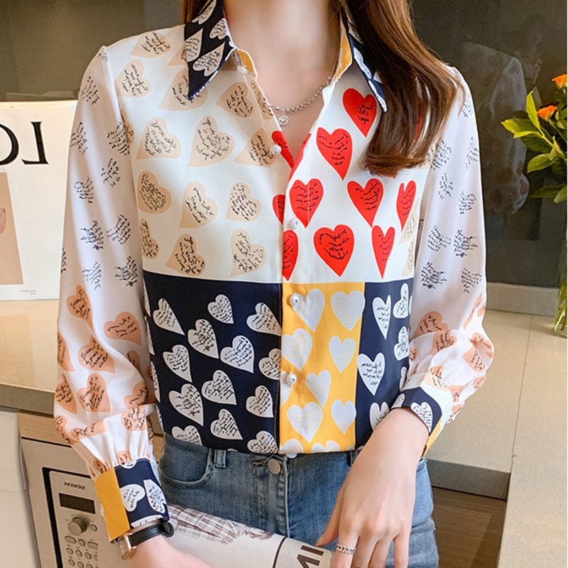 Sweet Contrast Color Patchwork Heart Print Blouse Shirt Women Casual Streetwear Shirts Ladies