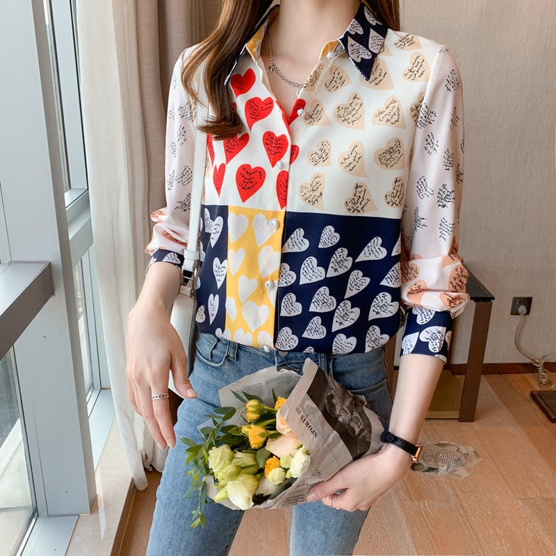 Sweet Contrast Color Patchwork Heart Print Blouse Shirt Women Casual Streetwear Shirts Ladies