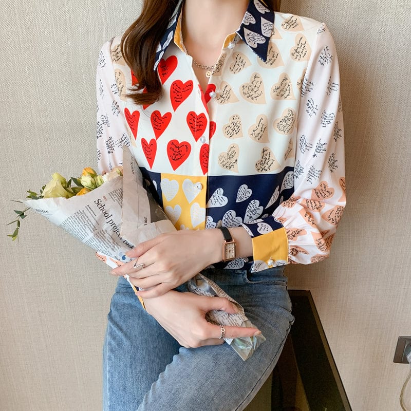 Sweet Contrast Color Patchwork Heart Print Blouse Shirt Women Casual Streetwear Shirts Ladies