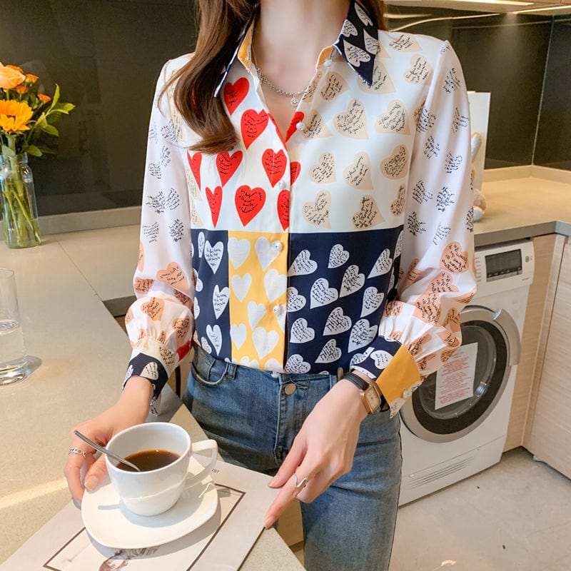 Sweet Contrast Color Patchwork Heart Print Blouse Shirt Women Casual Streetwear Shirts Ladies