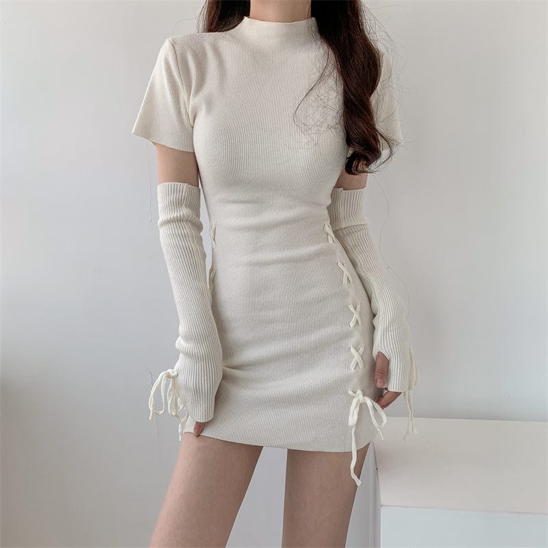 Sweet Cute O-Neck Bodycon Dress for Women Clothing Separate Sleeveless Sweater Pink Sexy Knitted Mini Dress Sexy Winter