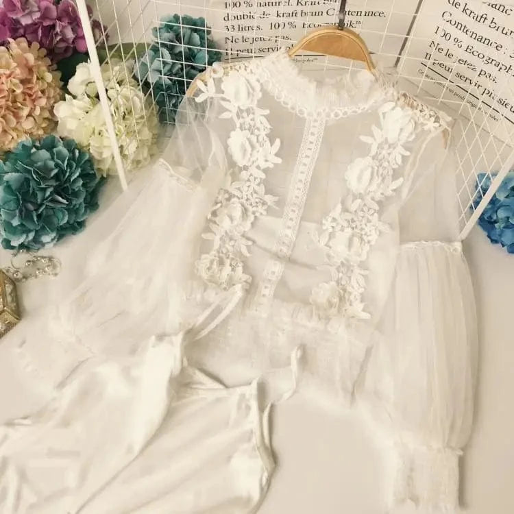 Sweet mesh half-high collar three-dimensional lace flower Western style lantern sleeve base sling two-piece lace shirt top