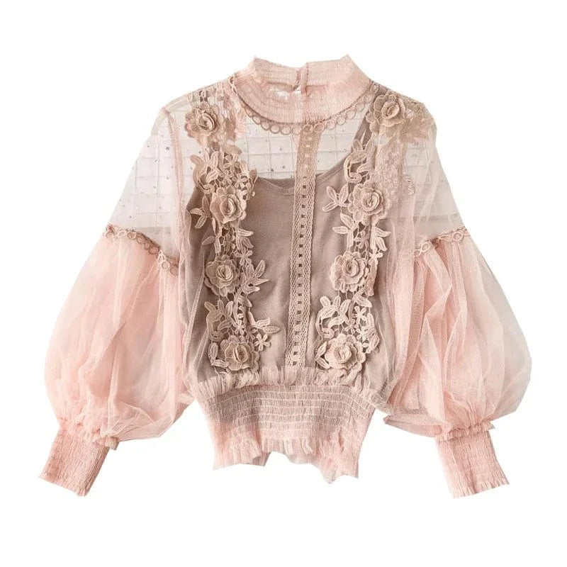 Sweet mesh half-high collar three-dimensional lace flower Western style lantern sleeve base sling two-piece lace shirt top