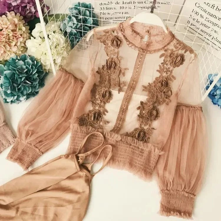 Sweet mesh half-high collar three-dimensional lace flower Western style lantern sleeve base sling two-piece lace shirt top