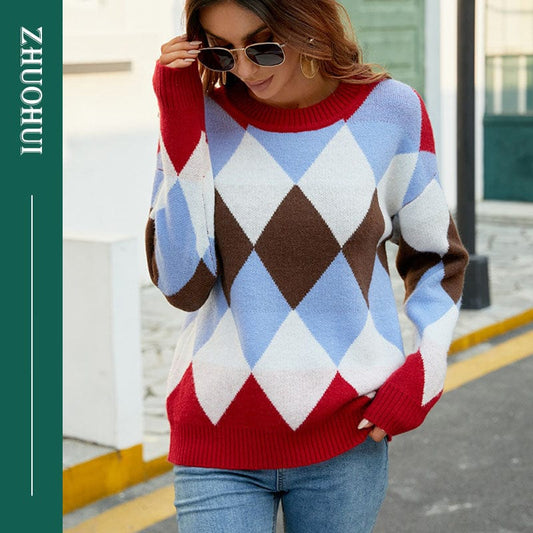 Sweet Peter Pan Collar Block Color Drop-Shoulder Sleeve Patchwork Pullover Sweater Tops Women Casual Loose Knit Jumper Ladies