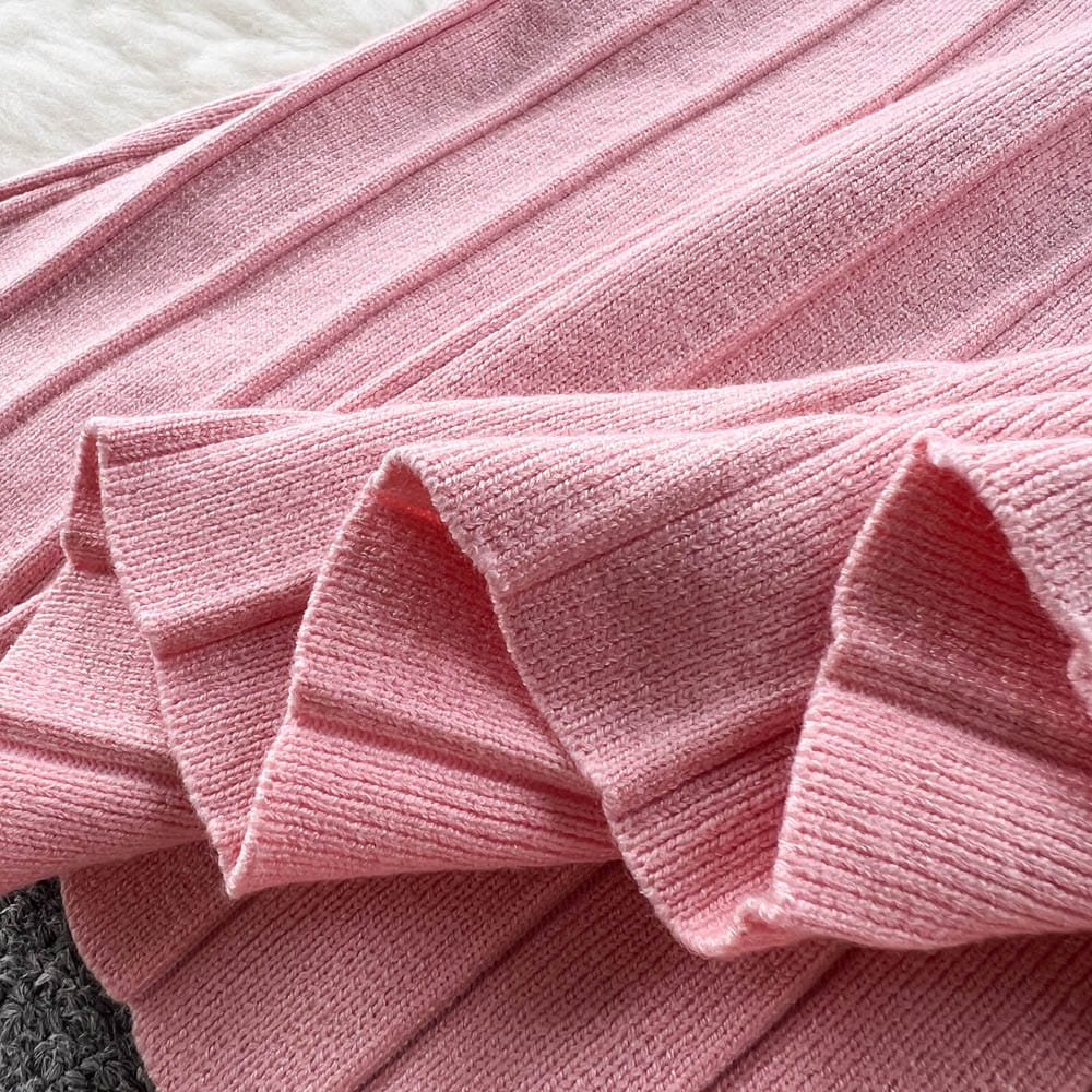 Sweet Pink V Neck Ruched Bandage Knit Dresses Women Lady Elegant Pleated Knitting Sweater A-Line Dress