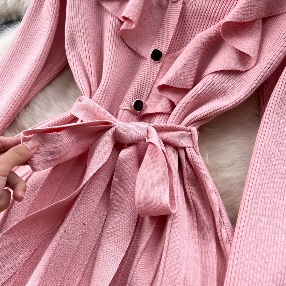 Sweet Pink V Neck Ruched Bandage Knit Dresses Women Lady Elegant Pleated Knitting Sweater A-Line Dress