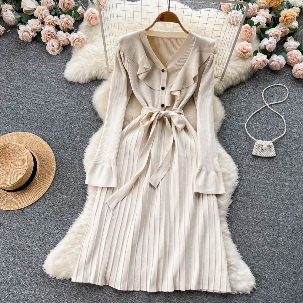 Sweet Pink V Neck Ruched Bandage Knit Dresses Women Lady Elegant Pleated Knitting Sweater A-Line Dress