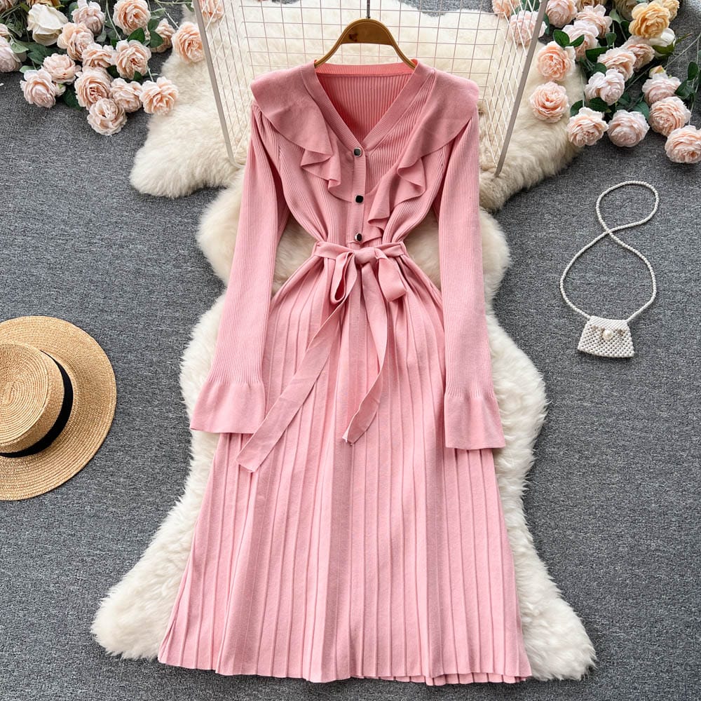 Sweet Pink V Neck Ruched Bandage Knit Dresses Women Lady Elegant Pleated Knitting Sweater A-Line Dress