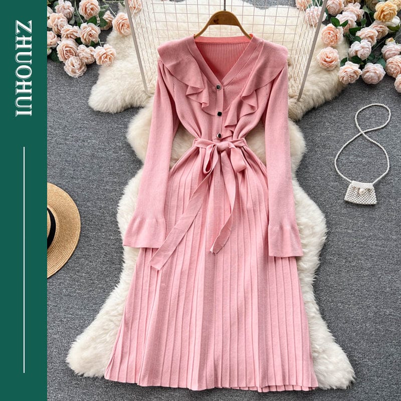 Sweet Pink V Neck Ruched Bandage Knit Dresses Women Lady Elegant Pleated Knitting Sweater A-Line Dress