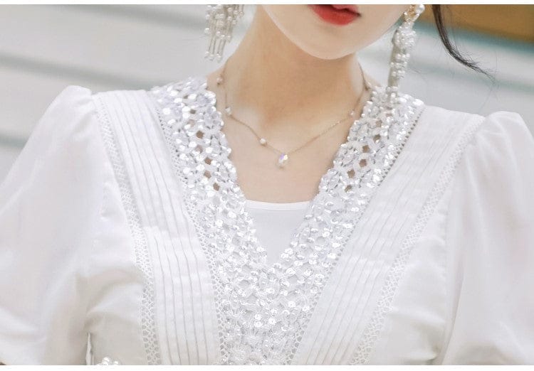Sweet White Beading Dress Lolita Women V Neck Lace Bubble Sleeve Midi Luxury Bridesmaid Prom Dresses 2022 For Quinceanera