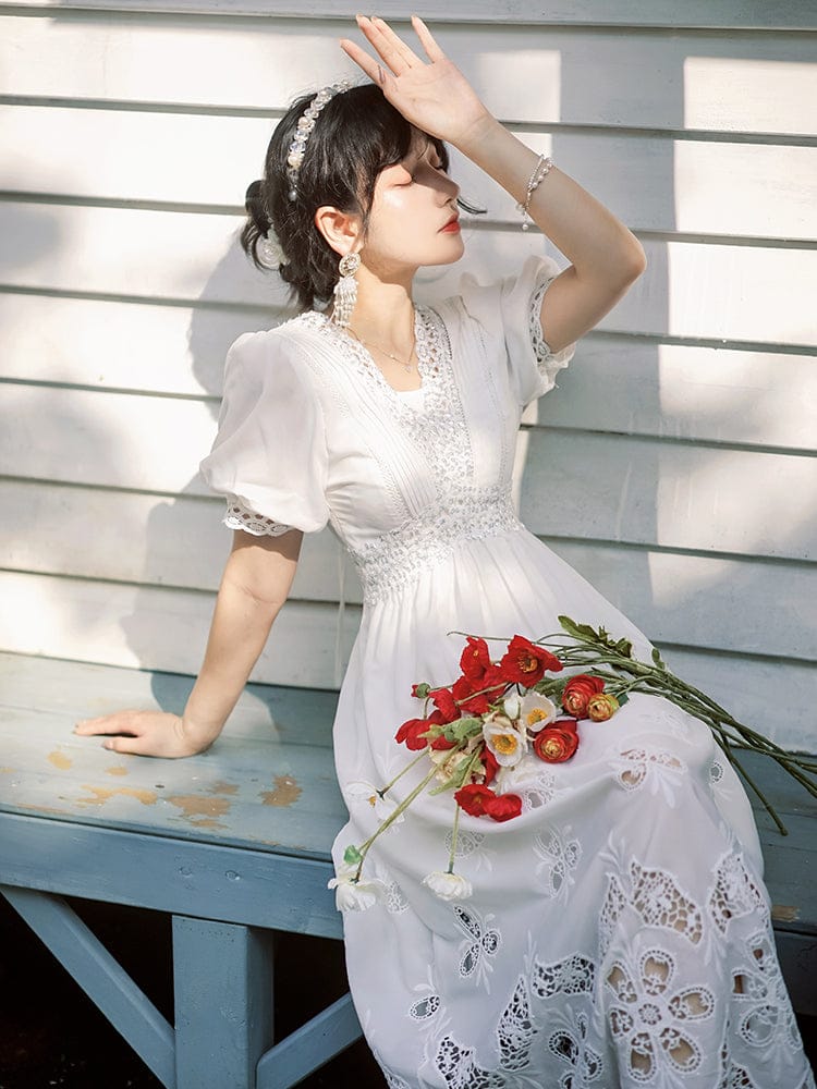 Sweet White Beading Dress Lolita Women V Neck Lace Bubble Sleeve Midi Luxury Bridesmaid Prom Dresses 2022 For Quinceanera