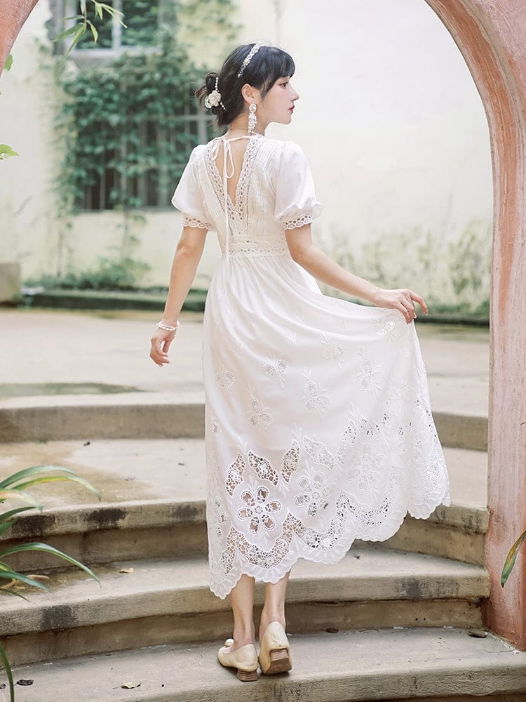 Sweet White Beading Dress Lolita Women V Neck Lace Bubble Sleeve Midi Luxury Bridesmaid Prom Dresses 2022 For Quinceanera