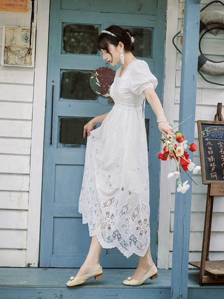 Sweet White Beading Dress Lolita Women V Neck Lace Bubble Sleeve Midi Luxury Bridesmaid Prom Dresses 2022 For Quinceanera