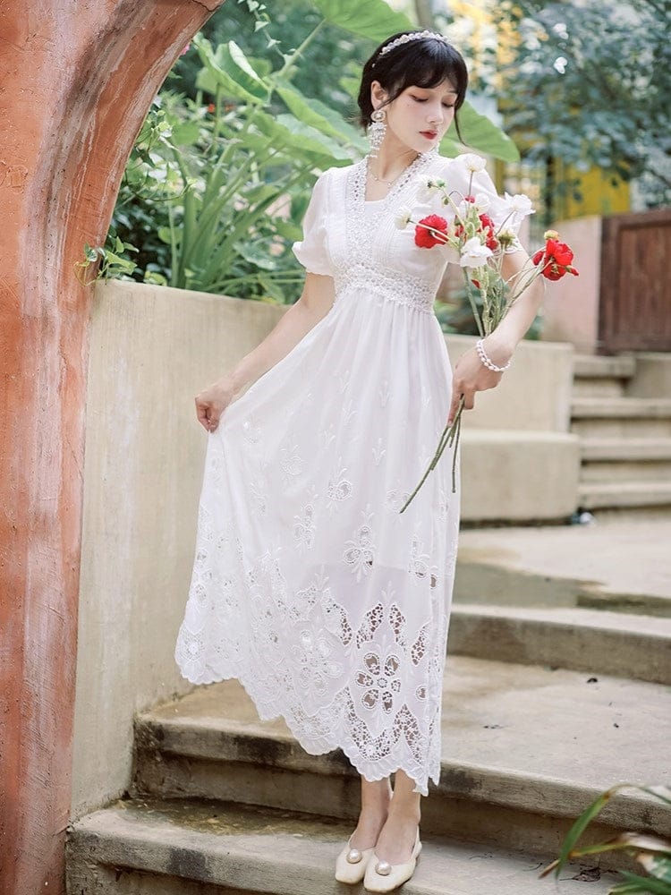 Sweet White Beading Dress Lolita Women V Neck Lace Bubble Sleeve Midi Luxury Bridesmaid Prom Dresses 2022 For Quinceanera