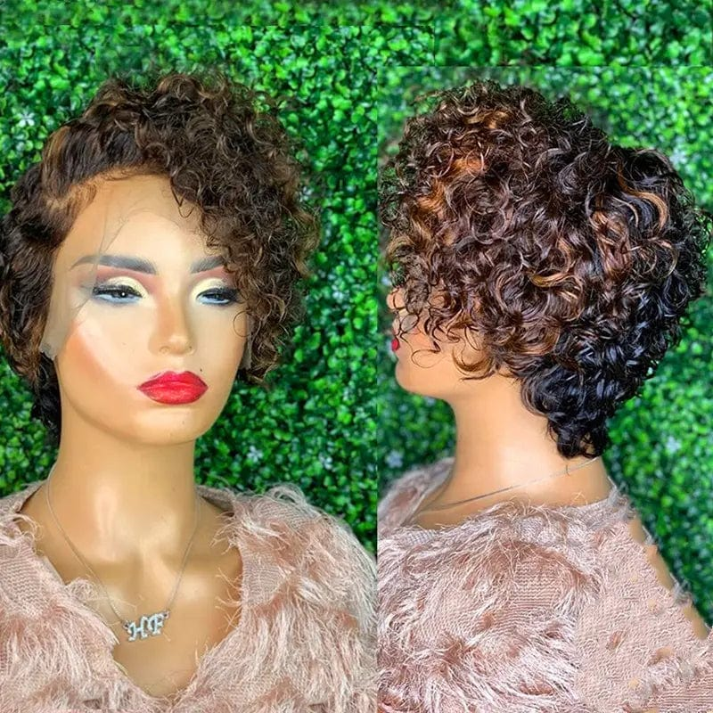 Swiss Lace Ombre Brown Color Curly Pixie Cut Bob Virgin Cuticle Aligned Hair Lace Front Wigs