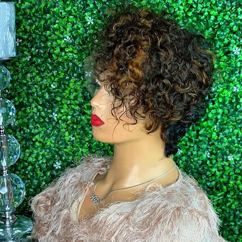 Swiss Lace Ombre Brown Color Curly Pixie Cut Bob Virgin Cuticle Aligned Hair Lace Front Wigs