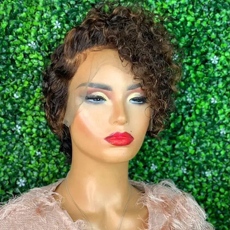 Swiss Lace Ombre Brown Color Curly Pixie Cut Bob Virgin Cuticle Aligned Hair Lace Front Wigs