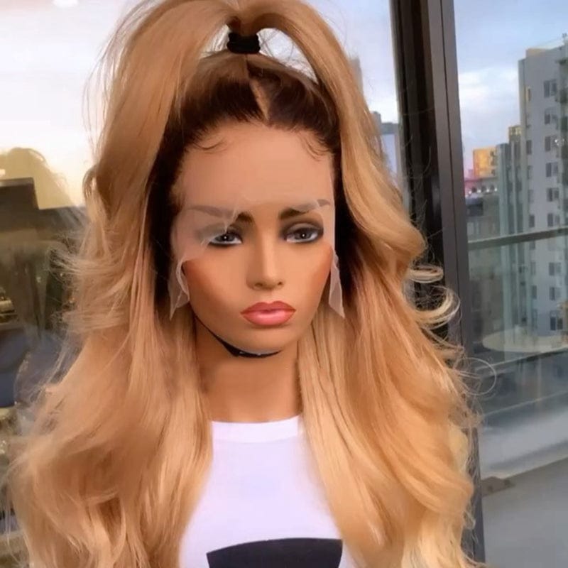 Swiss Lace Ombre Honey Blonde Color High Ponytail Body Wave Cuticle Aligned Human Hair HD Lace Front Wigs