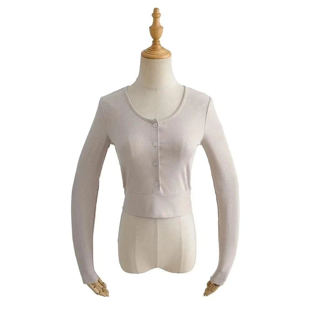 T shirt Manufacture Custom Logo rib stretchy Elastic sleeve Cuff Crew neck button up CropPlain Long sleeve Women T shirt