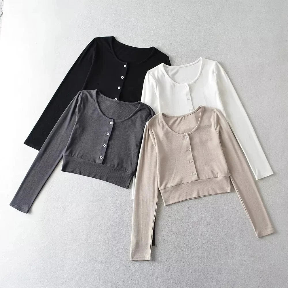 T shirt Manufacture Custom Logo rib stretchy Elastic sleeve Cuff Crew neck button up CropPlain Long sleeve Women T shirt