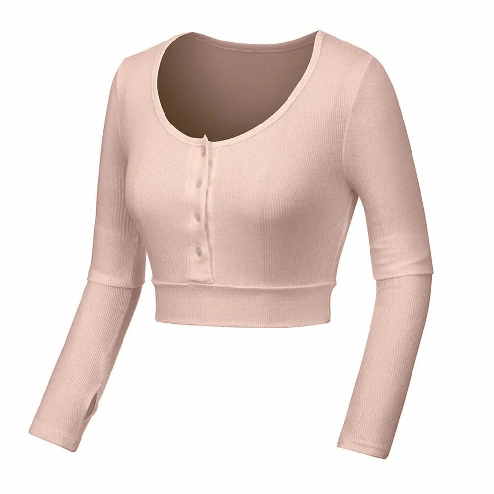 T shirt Manufacture Custom Logo rib stretchy Elastic sleeve Cuff Crew neck button up CropPlain Long sleeve Women T shirt