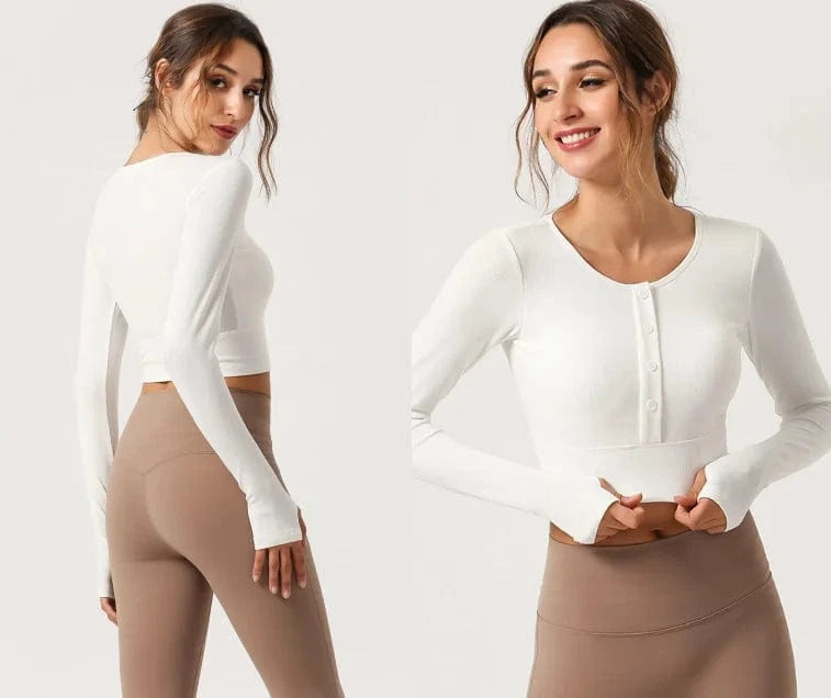 T shirt Manufacture Custom Logo rib stretchy Elastic sleeve Cuff Crew neck button up CropPlain Long sleeve Women T shirt