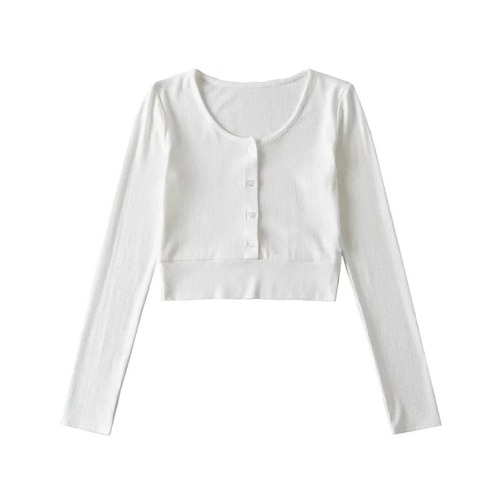 T shirt Manufacture Custom Logo rib stretchy Elastic sleeve Cuff Crew neck button up CropPlain Long sleeve Women T shirt