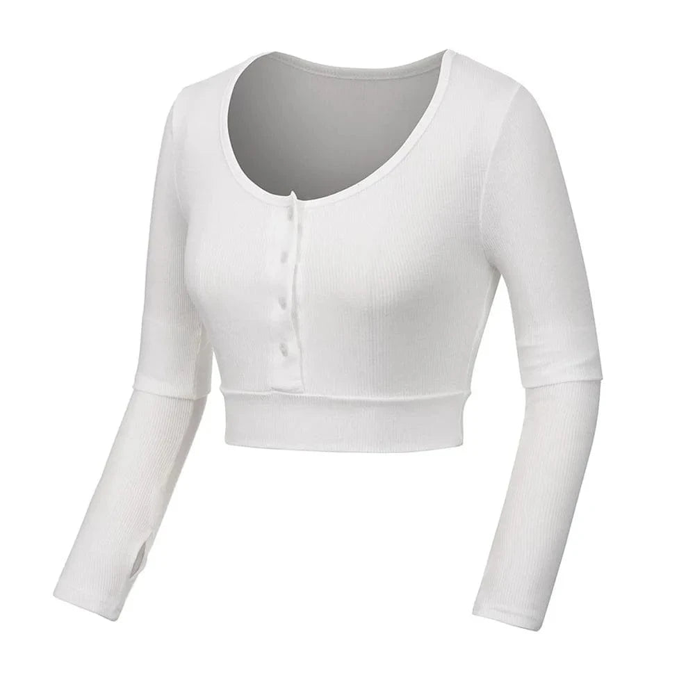 T shirt Manufacture Custom Logo rib stretchy Elastic sleeve Cuff Crew neck button up CropPlain Long sleeve Women T shirt