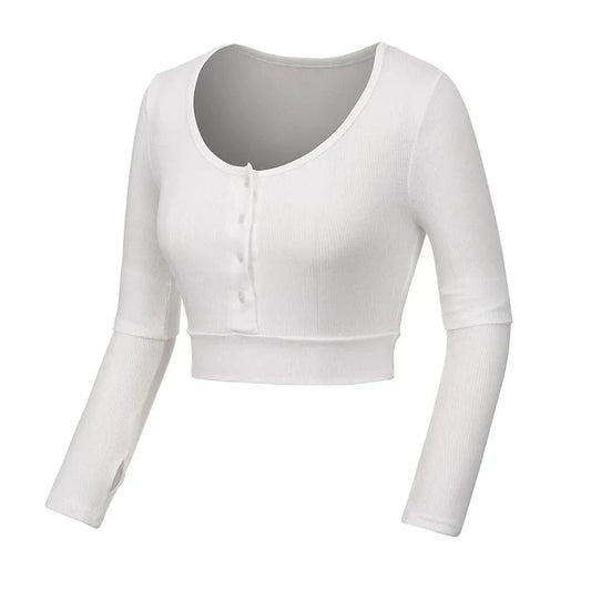 T shirt Manufacture Custom Logo rib stretchy Elastic sleeve Cuff Crew neck button up CropPlain Long sleeve Women T shirt