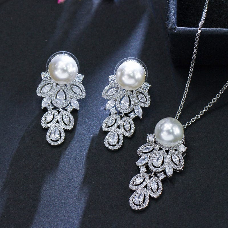 T0028 Fashion Brand Long Feather CZ Crystal Silver Plated Simulated Pearl Dangle Earrings and Chain Necklace Jewelry Sets for Women