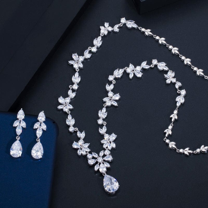 T0533 Women Luxury Wedding Costume Accessories Bright Cubic Zircon Crystal Bridal Earrings and Necklace Jewelry Sets for Brides