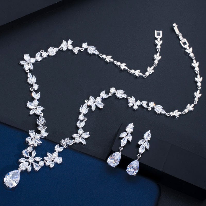 T0533 Women Luxury Wedding Costume Accessories Bright Cubic Zircon Crystal Bridal Earrings and Necklace Jewelry Sets for Brides
