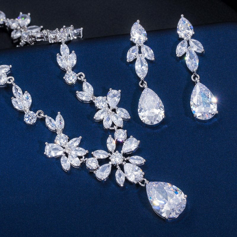 T0533 Women Luxury Wedding Costume Accessories Bright Cubic Zircon Crystal Bridal Earrings and Necklace Jewelry Sets for Brides