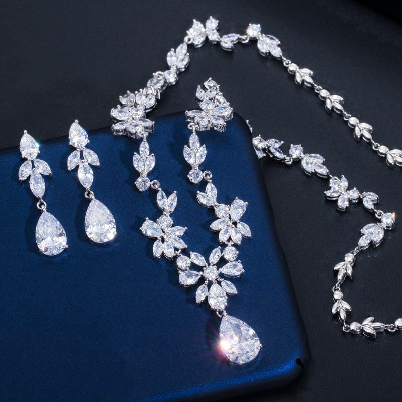 T0533 Women Luxury Wedding Costume Accessories Bright Cubic Zircon Crystal Bridal Earrings and Necklace Jewelry Sets for Brides