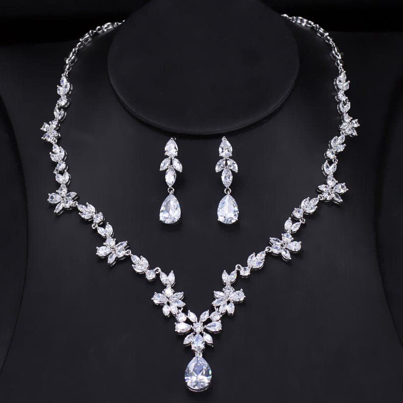 T0533 Women Luxury Wedding Costume Accessories Bright Cubic Zircon Crystal Bridal Earrings and Necklace Jewelry Sets for Brides