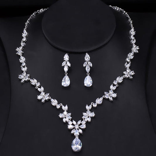 T0533 Women Luxury Wedding Costume Accessories Bright Cubic Zircon Crystal Bridal Earrings and Necklace Jewelry Sets for Brides