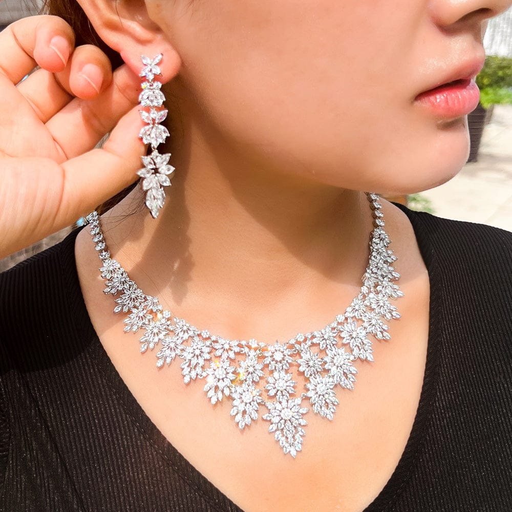 T0864 Luxury Big Statement Heavy Cubic Zirconia Women's Long Tassel Wedding Necklace and Earrings Pageant Jewelry Sets for Brides