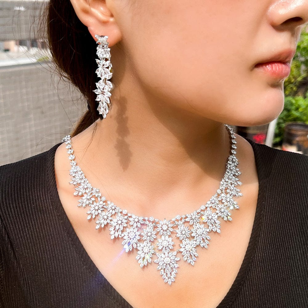 T0864 Luxury Big Statement Heavy Cubic Zirconia Women's Long Tassel Wedding Necklace and Earrings Pageant Jewelry Sets for Brides