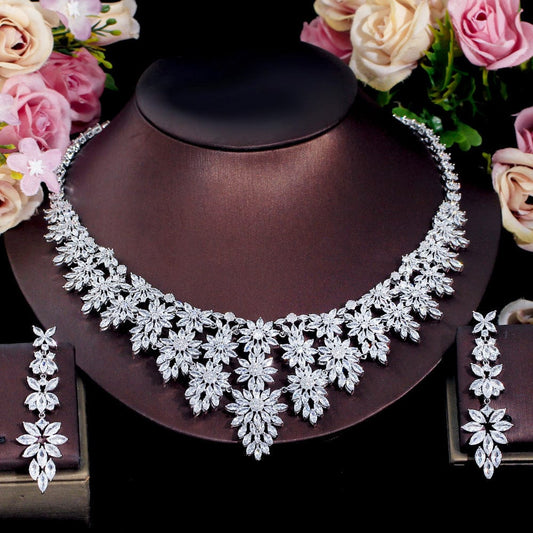 T0864 Luxury Big Statement Heavy Cubic Zirconia Women's Long Tassel Wedding Necklace and Earrings Pageant Jewelry Sets for Brides
