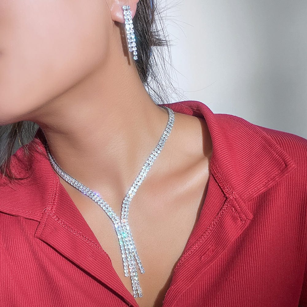 T0914 Shiny Round Cubic Zirconia Elegant Long Dangling Drop Tassel Wedding Costume Necklace Brides Jewelry Sets for Women