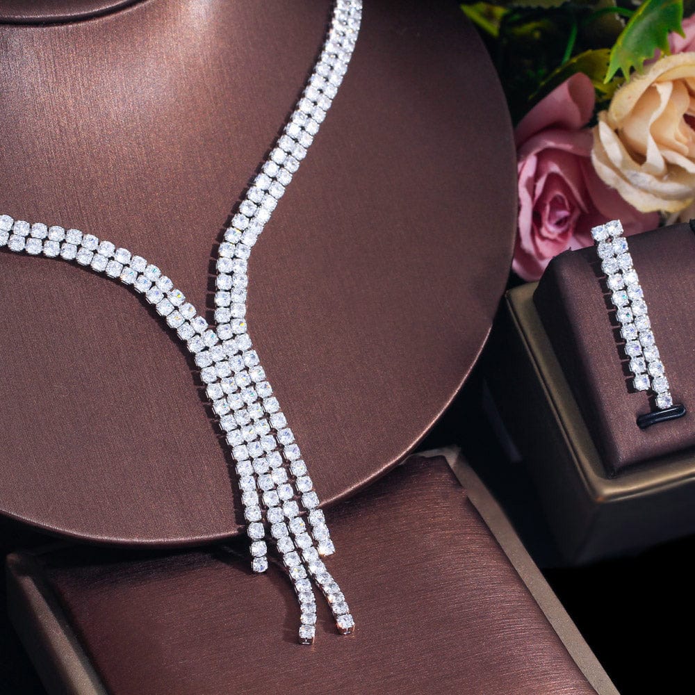 T0914 Shiny Round Cubic Zirconia Elegant Long Dangling Drop Tassel Wedding Costume Necklace Brides Jewelry Sets for Women