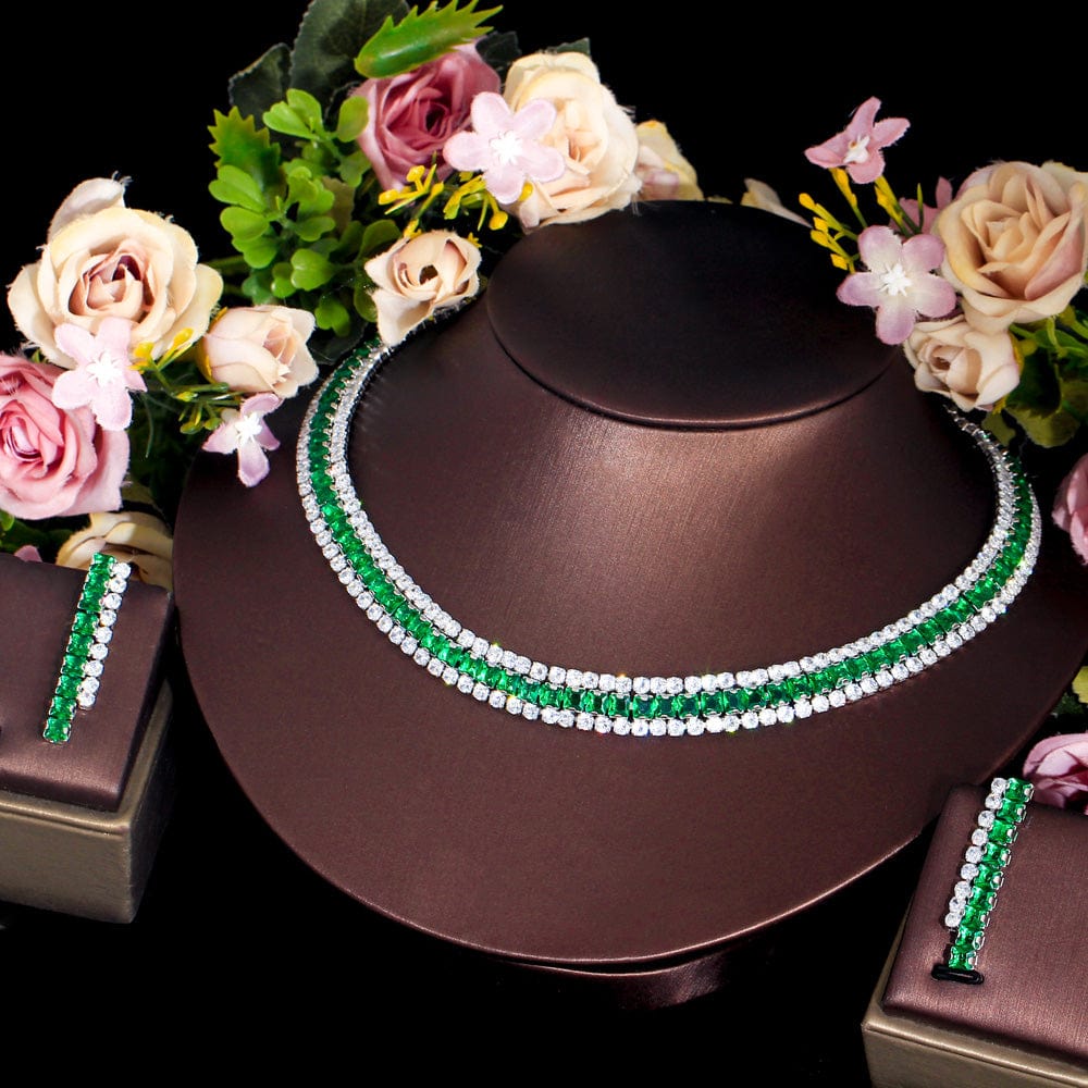 T0915 Sparkly Multiple Green Cubic Zirconia Setting Silver Plated 2pcs Bridal Wedding Event Round Necklace and Earring Jewelry Sets