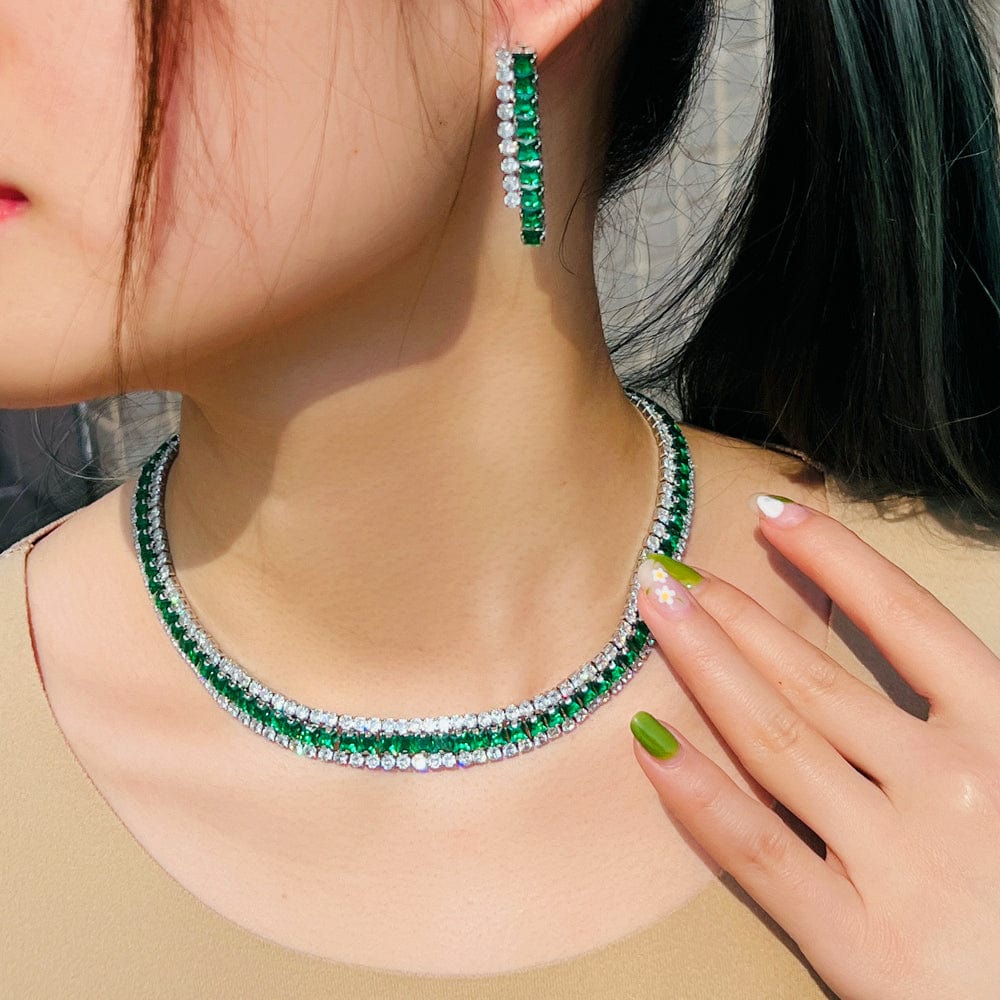 T0915 Sparkly Multiple Green Cubic Zirconia Setting Silver Plated 2pcs Bridal Wedding Event Round Necklace and Earring Jewelry Sets