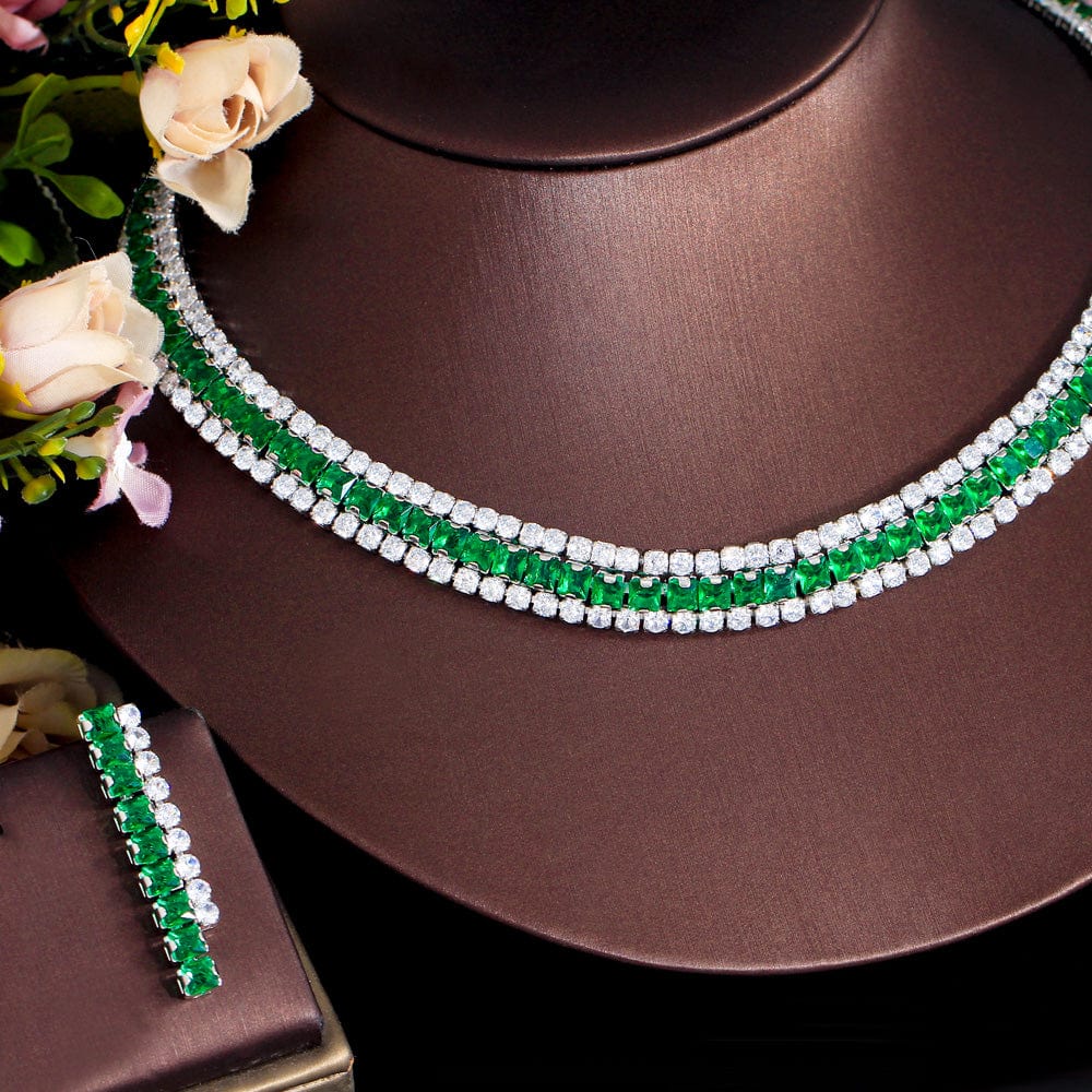 T0915 Sparkly Multiple Green Cubic Zirconia Setting Silver Plated 2pcs Bridal Wedding Event Round Necklace and Earring Jewelry Sets