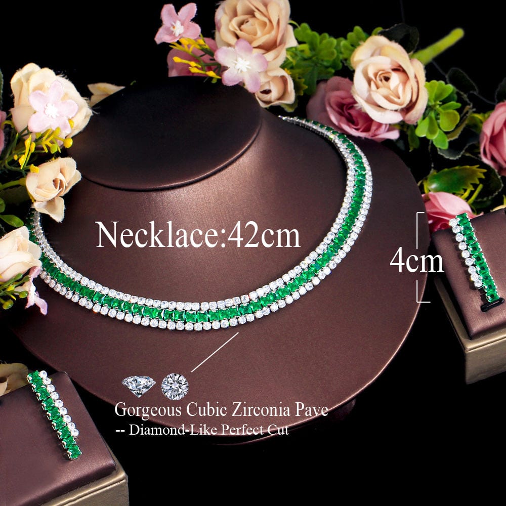 T0915 Sparkly Multiple Green Cubic Zirconia Setting Silver Plated 2pcs Bridal Wedding Event Round Necklace and Earring Jewelry Sets