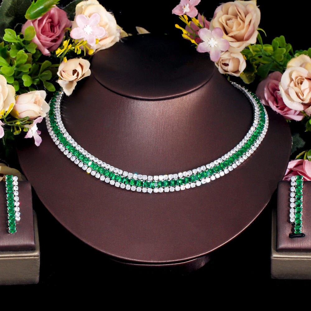 T0915 Sparkly Multiple Green Cubic Zirconia Setting Silver Plated 2pcs Bridal Wedding Event Round Necklace and Earring Jewelry Sets