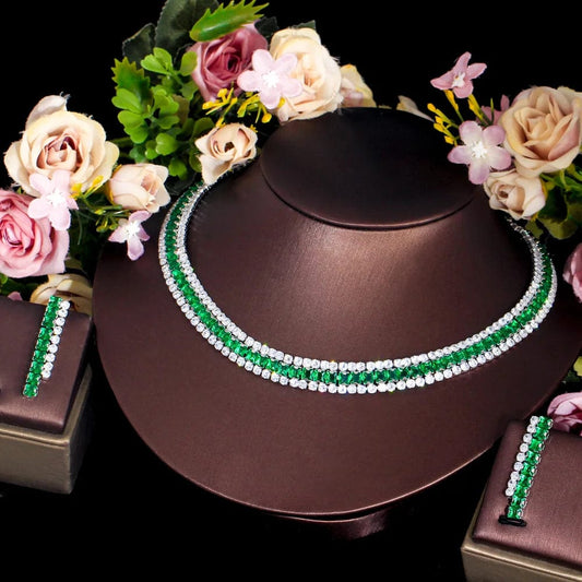 T0915 Sparkly Multiple Green Cubic Zirconia Setting Silver Plated 2pcs Bridal Wedding Event Round Necklace and Earring Jewelry Sets
