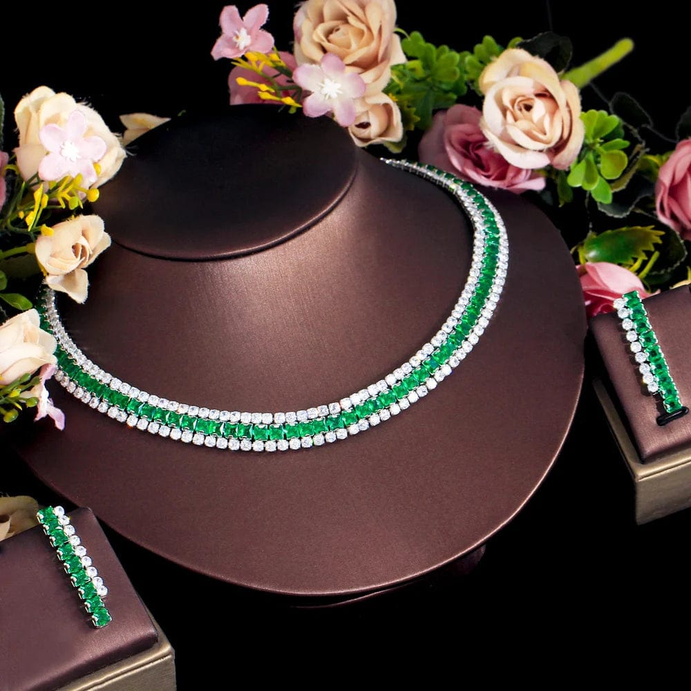 T0915 Sparkly Multiple Green Cubic Zirconia Setting Silver Plated 2pcs Bridal Wedding Event Round Necklace and Earring Jewelry Sets