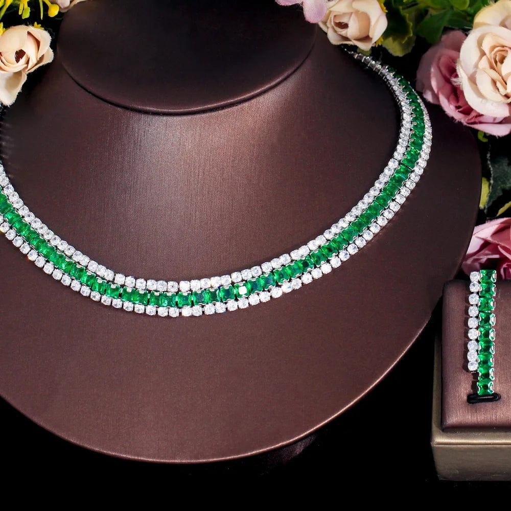 T0915 Sparkly Multiple Green Cubic Zirconia Setting Silver Plated 2pcs Bridal Wedding Event Round Necklace and Earring Jewelry Sets
